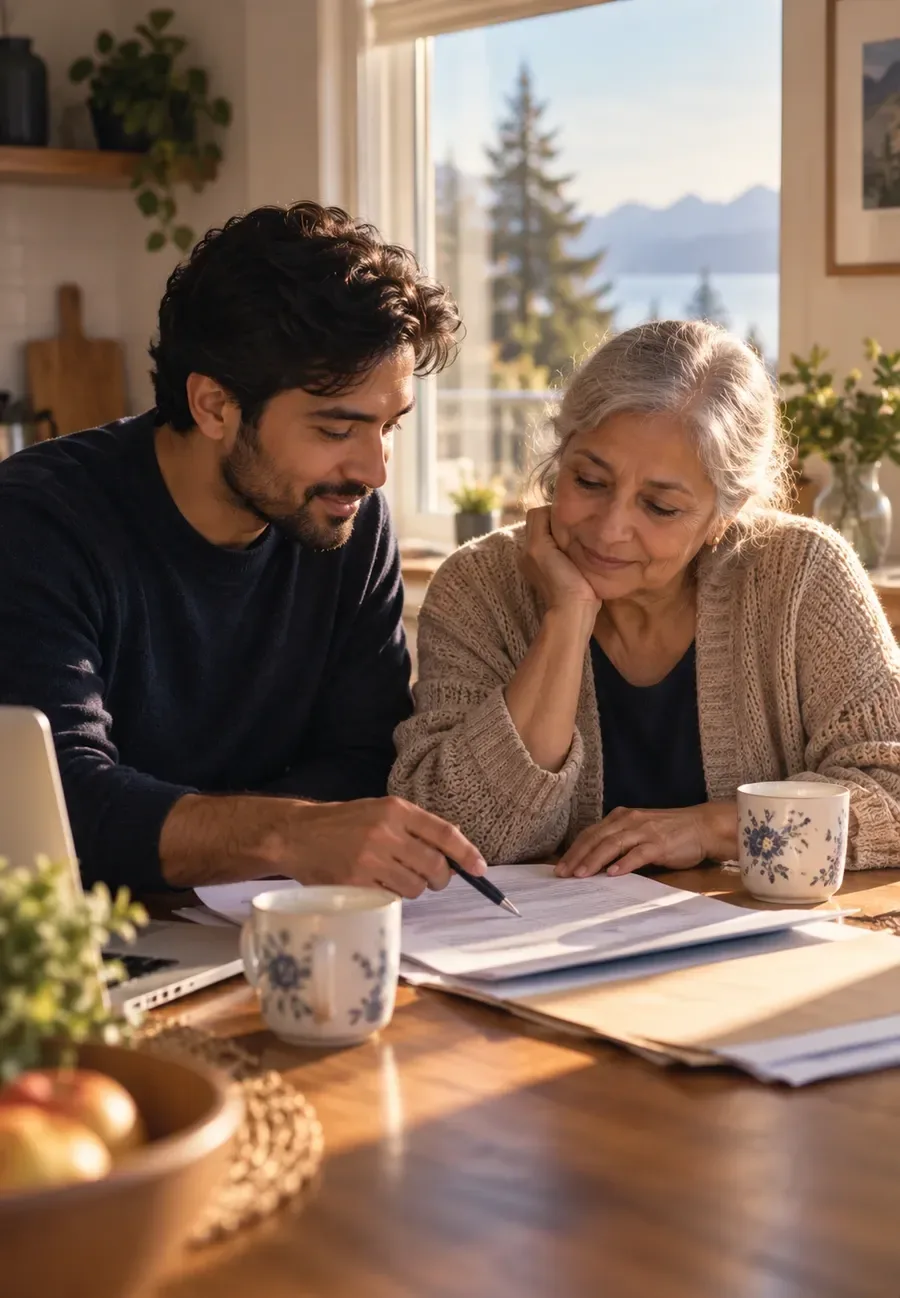 A man and an older woman sit together at a kitchen table, going through claim paperwork over cups of coffee.